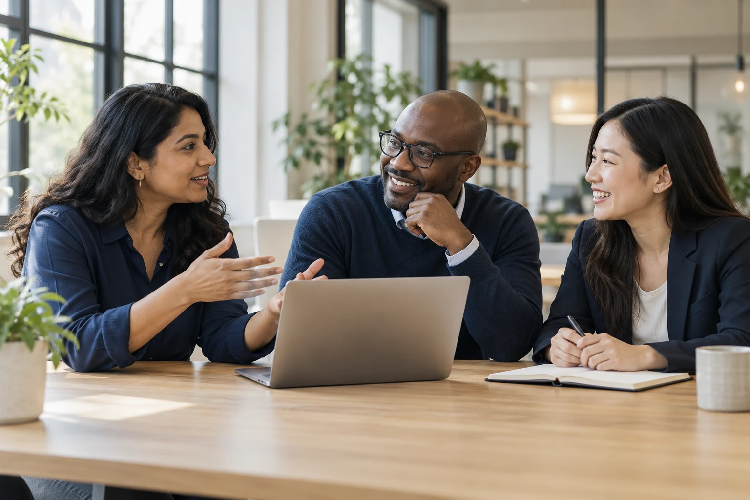 Three professionals discussing a people-operations project at a shared table